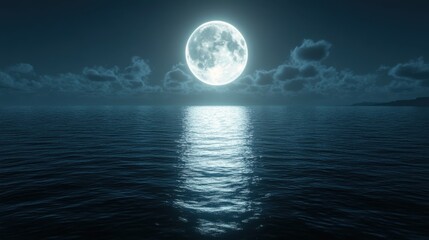 A serene night scene features a glowing full moon reflecting on calm waters, surrounded by soft clouds against a dark sky.