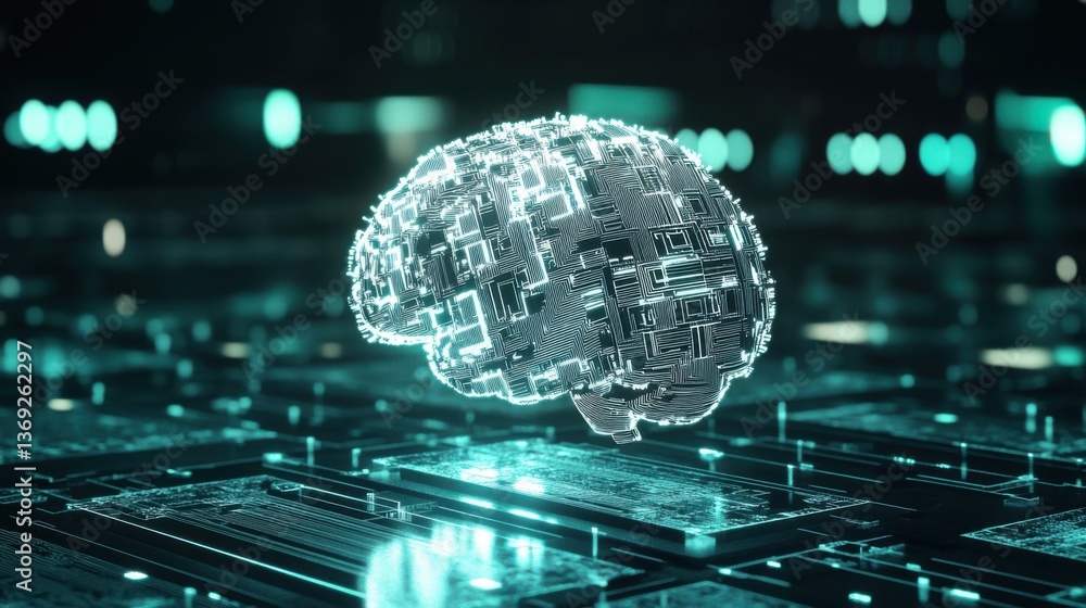 Poster a digital brain composed of circuits, floating above a grid of technology, symbolizing advanced arti