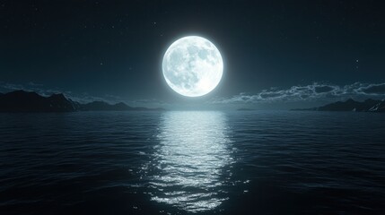 A serene night scene featuring a full moon reflecting on calm ocean waters, surrounded by distant mountains and a starry sky.