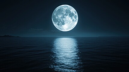 A luminous full moon reflects on tranquil waters, creating a serene and atmospheric night scene.