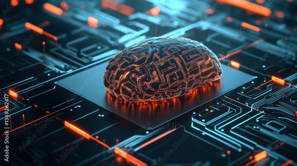 Poster a digital brain model on a circuit board, illuminated with orange accents, symbolizing technology an