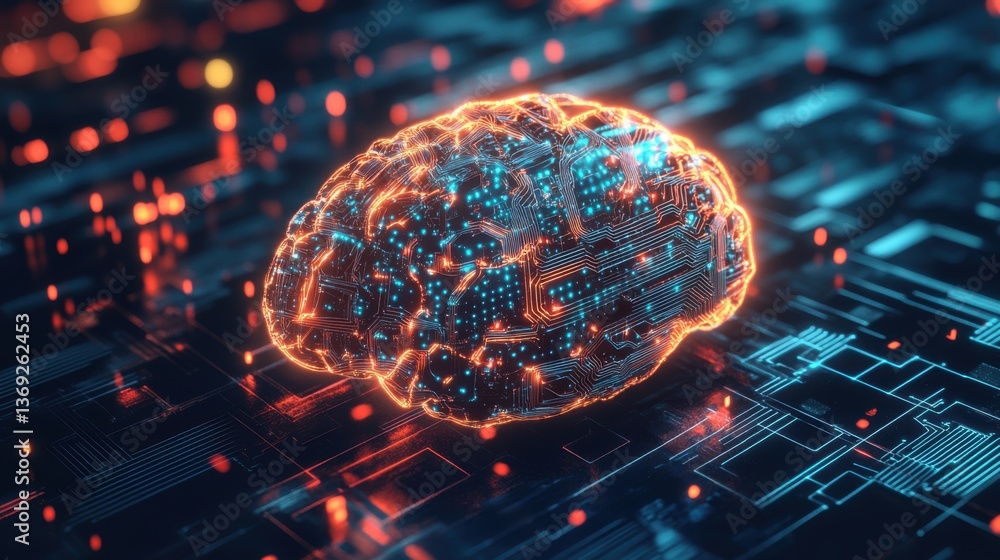 Poster a digital representation of a brain with glowing circuitry, symbolizing artificial intelligence and 