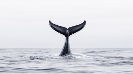 Fototapeta premium Whale tail breaching the ocean surface. A majestic whale's fluke, dark and smooth, rises above the tranquil water, creating a powerful image of the marine animal's grace and might.