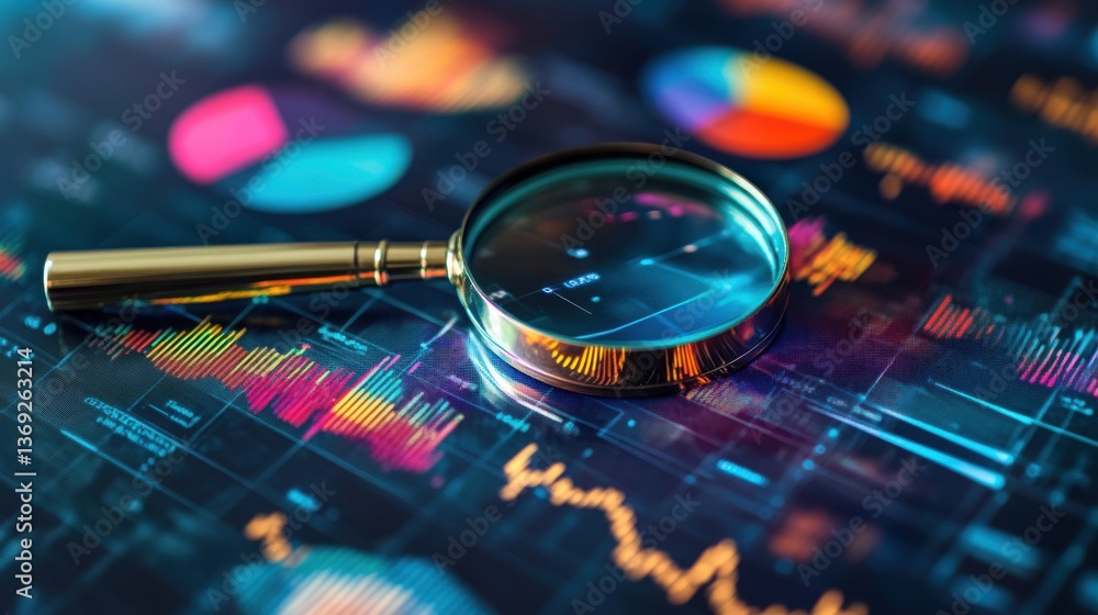 Poster a magnifying glass rests on colorful data graphs and charts, symbolizing analysis and insight in fin