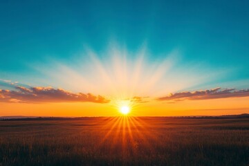 Fototapeta premium Sun Shining Over Field at Sunrise Creating Peaceful Landscape