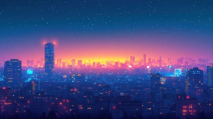 Fototapeta premium A vibrant city skyline illuminated by colorful lights against a twilight sky, showcasing a blend of modern architecture and urban energy.