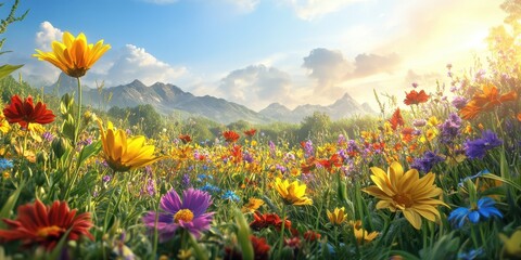Obraz premium A vibrant field of colorful flowers under a bright sky with mountains in the background.
