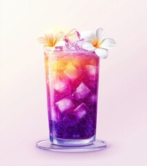 A glass of purple-pink gradient-colored juice with ice cubes in it