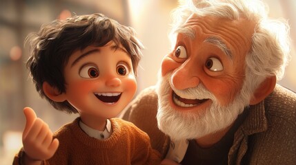 Fototapeta premium A heartwarming scene of a young boy and an elderly man sharing a joyful moment, both expressing happiness through their smiles.
