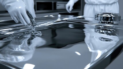 Liquid material manipulation in a clean room.  Scientists carefully handling a liquid substance on a reflective surface
