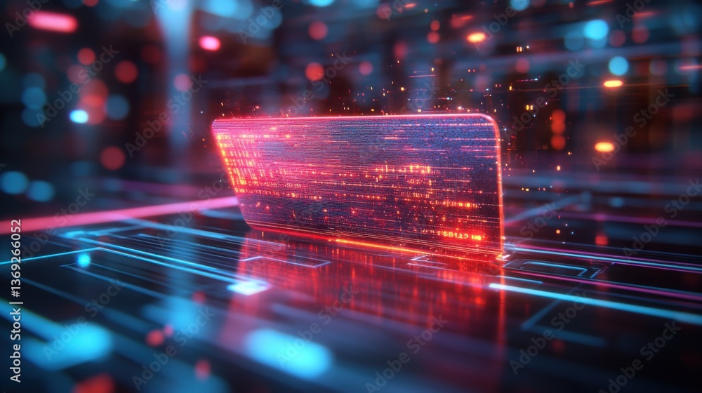 Poster a futuristic digital interface glows with vibrant colors, featuring intricate patterns and light eff