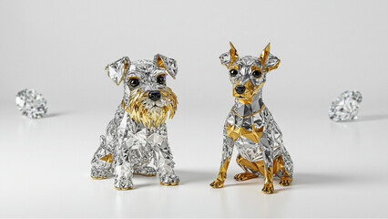 Schnauzer and Pinscher shaped jewelry. Diamond and gold textures. Vector data.