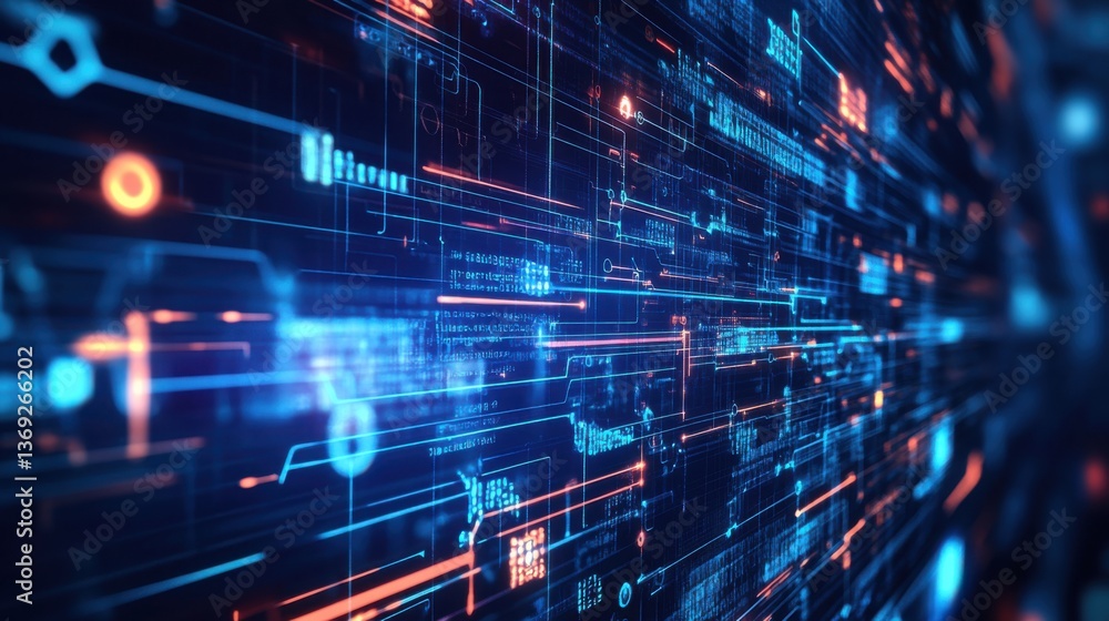 Poster a vibrant digital visualization featuring interconnected lines and nodes, symbolizing technology and