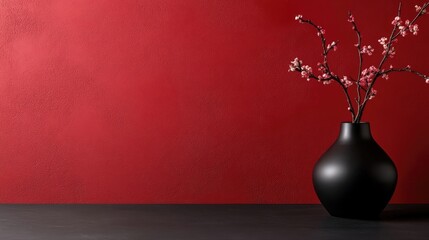 Elegant dark vase with pink blossoms against a deep red background