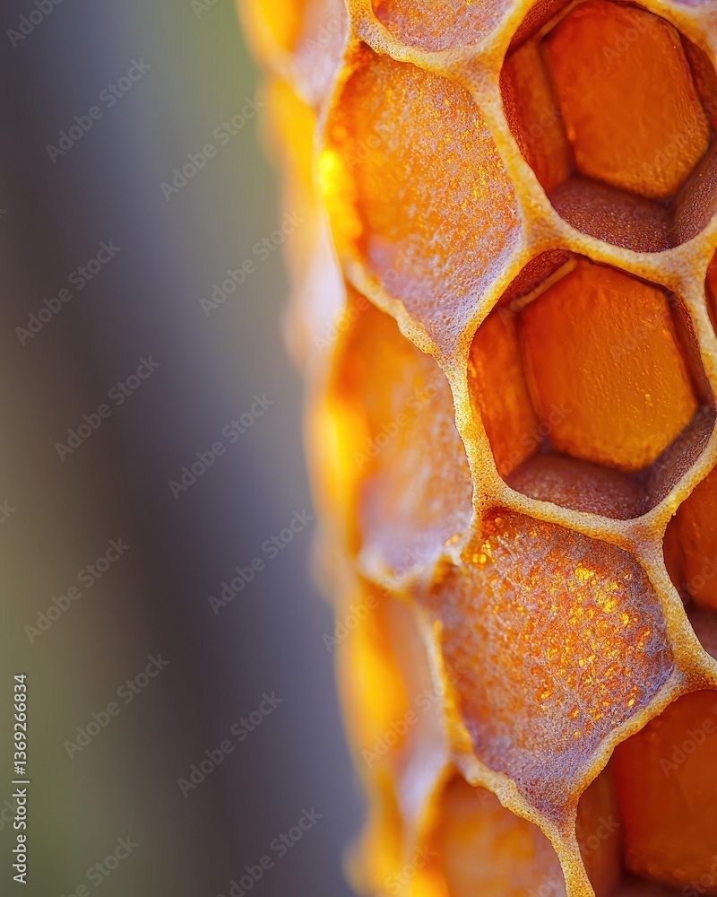 Poster close-up macro shot of a honeycomb, showcasing intricate hexagonal cells and golden honey texture. p