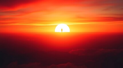 Silhouette of person at fiery sunset above clouds