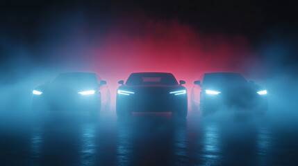 Mysterious cars with glowing headlights emerge from colorful haze, creating intriguing atmosphere. vibrant blue and red lights enhance dramatic effect