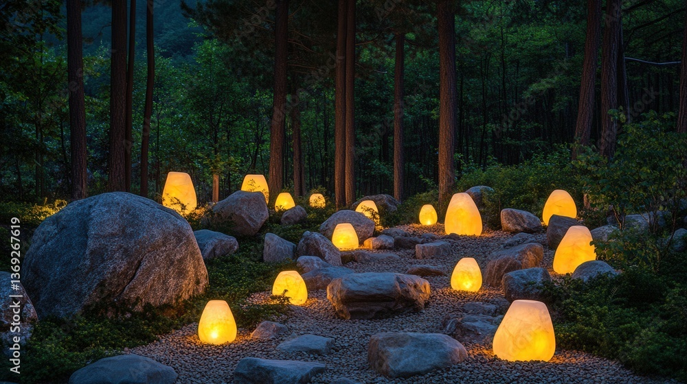 Poster a serene landscape featuring illuminated rocks amidst trees, creating a tranquil and enchanting atmo