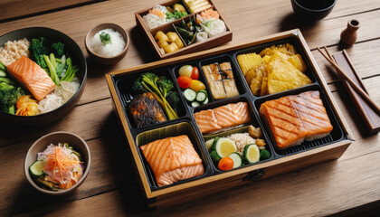 Delicious bento box featuring salmon, vegetables, and rice, beautifully arranged for satisfying meal. vibrant colors and fresh ingredients create inviting dining experience