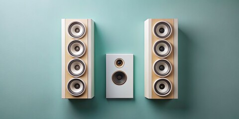 Obraz premium Architectural Photography of Foldback Speakers in Symmetrical Flat Lay on Solid Color Backdrop for Modern Design and Marketing Use