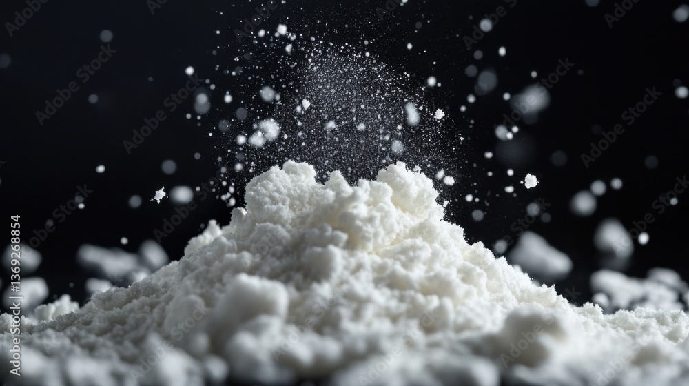 Poster a close-up of a pile of powder with particles scattering in the air, creating a dynamic, textured ap