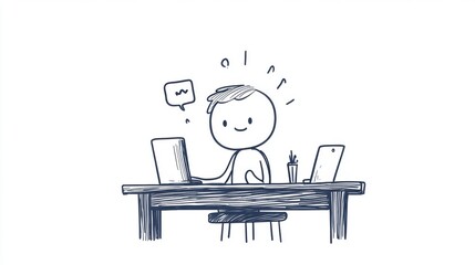 Fototapeta premium A cheerful character sits at a desk, engaging with a laptop and tablet, embodying a playful and productive work atmosphere.