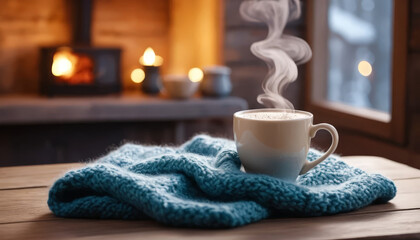 steaming cup of coffee sits on cozy knitted blanket, creating warm and inviting atmosphere. soft glow from candles and fireplace in background enhances feeling of comfort and relaxation