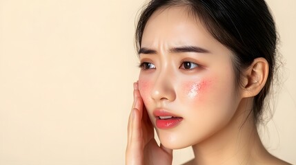 Fototapeta premium 4. Young Asian girl worried about skin allergies, scratching her cheek while showing signs of redness and irritation on her face, isolated on a simple background