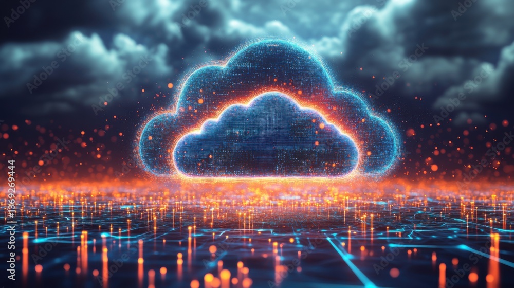 Poster a digital cloud symbol surrounded by glowing data streams, representing cloud computing and technolo