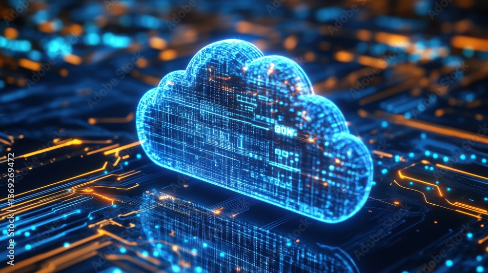 Poster a glowing cloud symbol on a digital circuit background, representing cloud computing and data storag