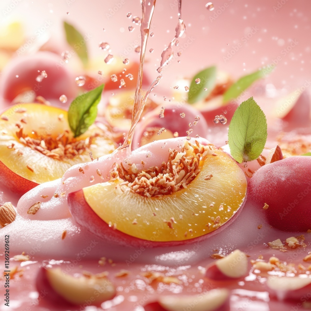 Poster fresh peaches and grapes are splashed with water, garnished with nuts and mint leaves, creating a vi