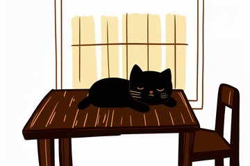 Sleeping Black Cat on Table by Window generated by AI
