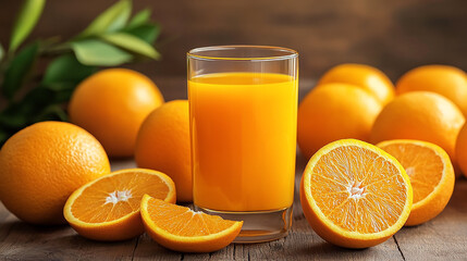 A refreshing glass of fresh orange juice, surrounded by whole and sliced oranges, showcasing vibrant citrus colors in HDR sharp detail.