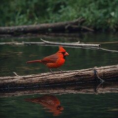 A bright red cardinal sitting on a floating log in a gentle river.