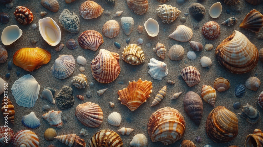 Poster an array of various seashells scattered on sandy shores, showcasing intricate patterns and colors, c