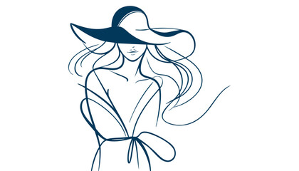 Minimalist Line Art of an Elegant Woman with Flowing Hair & Stylish Hat  Black & White Fashion Illustration