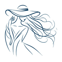 Minimalist Line Art of an Elegant Woman with Flowing Hair & Stylish Hat  Black & White Fashion Illustration