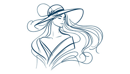Minimalist Line Art of an Elegant Woman with Flowing Hair & Stylish Hat  Black & White Fashion Illustration