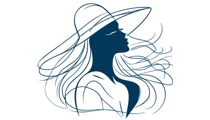 Minimalist Line Art of an Elegant Woman with Flowing Hair & Stylish Hat  Black & White Fashion Illustration