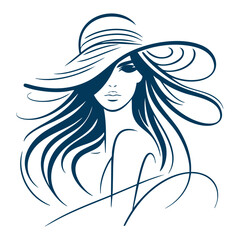 Minimalist Line Art of an Elegant Woman with Flowing Hair & Stylish Hat  Black & White Fashion Illustration
