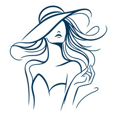 Minimalist Line Art of an Elegant Woman with Flowing Hair & Stylish Hat  Black & White Fashion Illustration