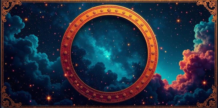Vintage cosmic design on round border, celestial theme backdrop, cosmic, round
