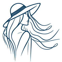 Minimalist Line Art of an Elegant Woman with Flowing Hair & Stylish Hat  Black & White Fashion Illustration