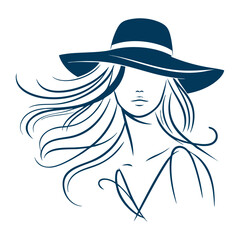 Minimalist Line Art of an Elegant Woman with Flowing Hair & Stylish Hat  Black & White Fashion Illustration
