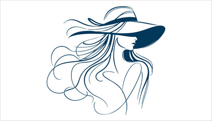 Minimalist Line Art of an Elegant Woman with Flowing Hair & Stylish Hat  Black & White Fashion Illustration