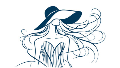 Minimalist Line Art of an Elegant Woman with Flowing Hair & Stylish Hat  Black & White Fashion Illustration