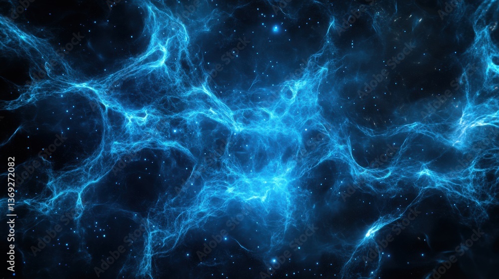 Poster a mesmerizing blue cosmic background filled with swirling patterns and starry elements, evoking a se