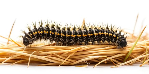 Fototapeta premium Aerial View Black Caterpillar Dry Grass - Stunning Insect Photography