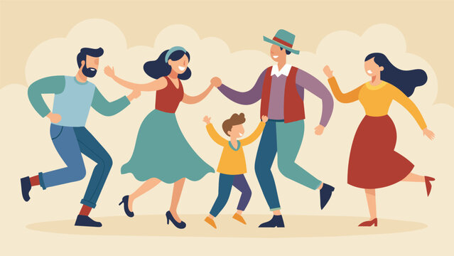Families join in on a traditional square dance twirling and dosidoing to the lively country music.. Vector illustration