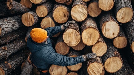 A worker sorting raw timber logs at a lumber yard.